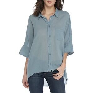Free People Blue/Teal Cotton Shirt Blouse High Low Raw Hem Oversized Tunic Sz XS